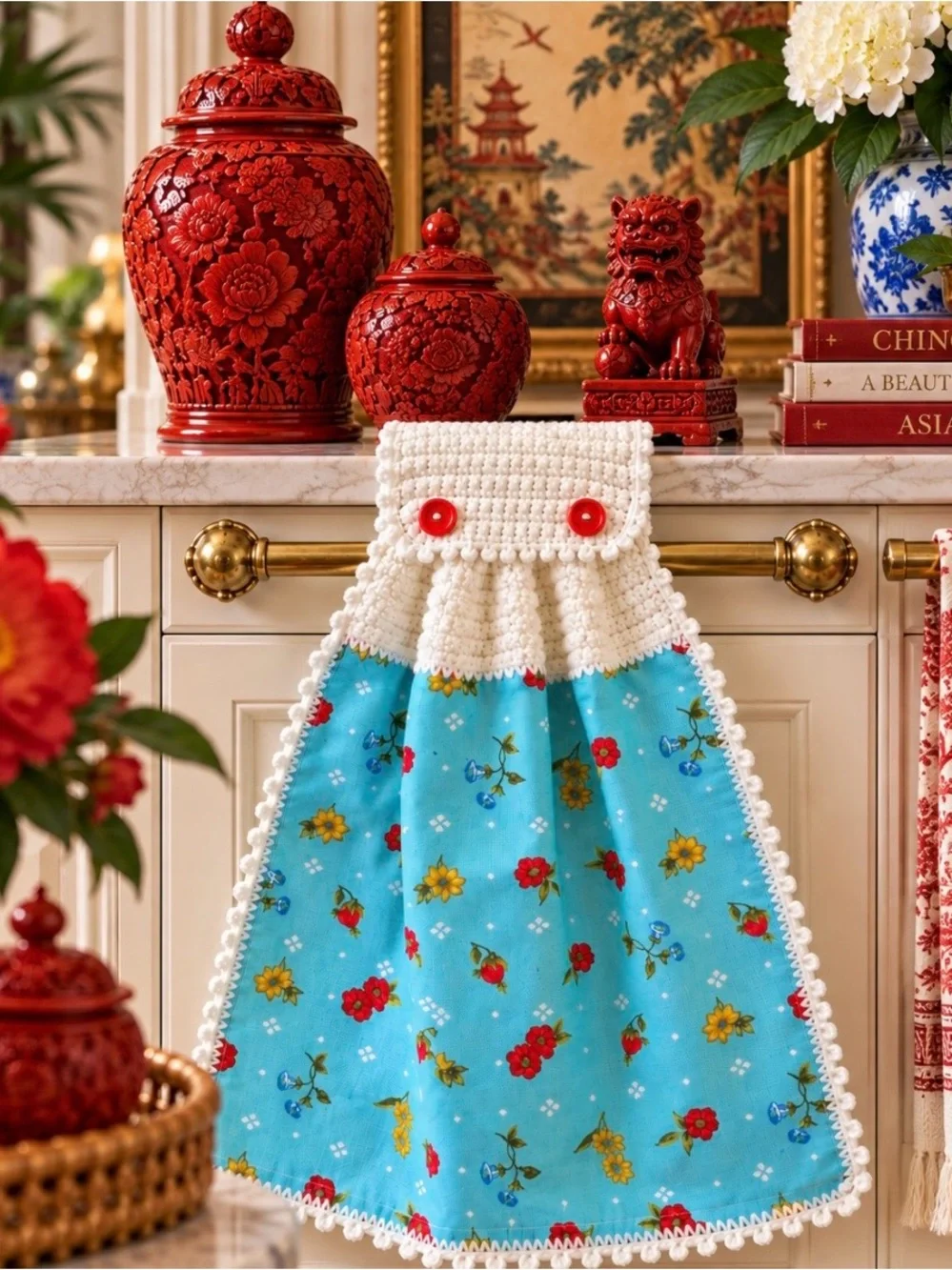 Pioneer Woman Tiffany Blue Floral Crochet Hanging Kitchen Towel